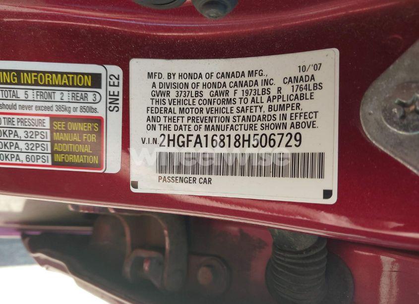 Photo 9 of 2008 Honda Civic EX (VIN 2HGFA16818H506729)