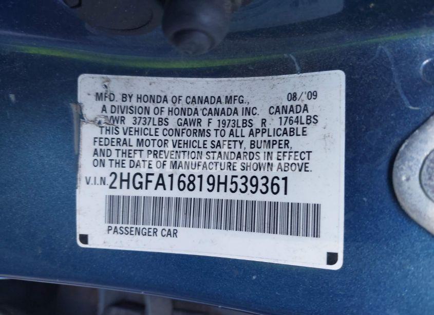 Photo 9 of 2009 Honda Civic EX (VIN 2HGFA16819H539361)