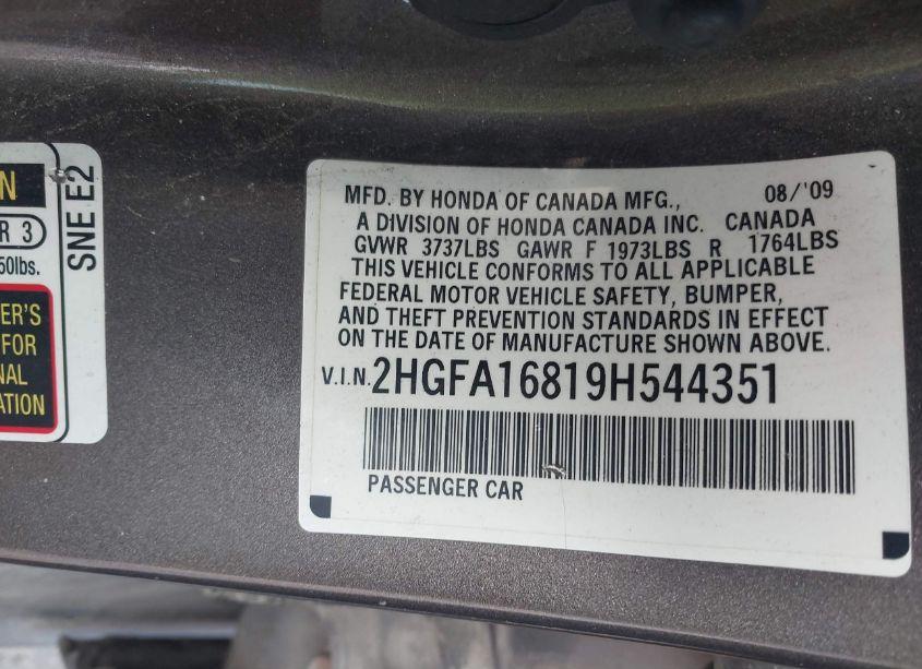 Photo 9 of 2009 Honda Civic EX (VIN 2HGFA16819H544351)