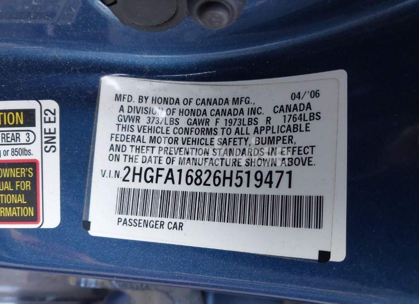 Photo 9 of 2006 Honda Civic EX (VIN 2HGFA16826H519471)