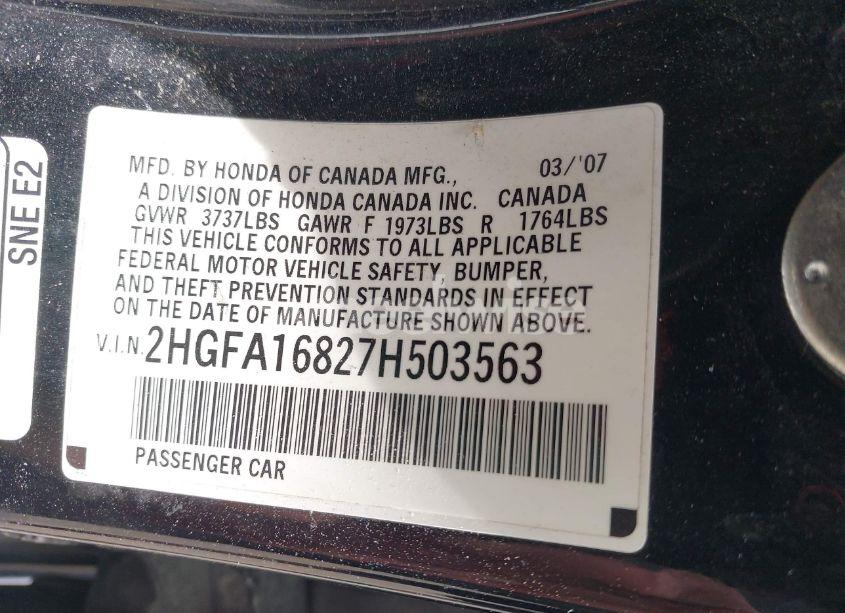 Photo 9 of 2007 Honda Civic EX (VIN 2HGFA16827H503563)