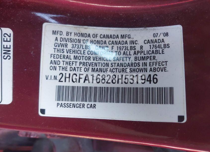 Photo 9 of 2008 Honda Civic EX (VIN 2HGFA16828H531946)