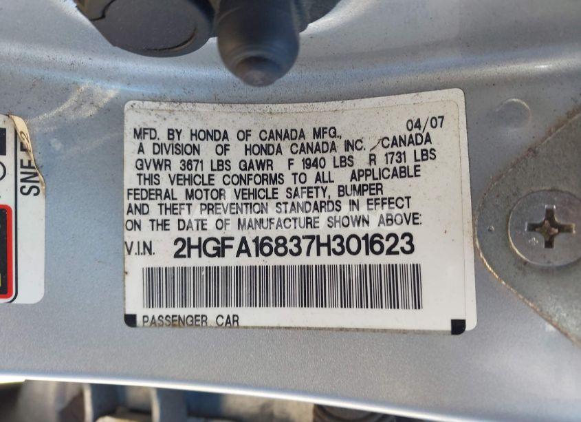 Photo 9 of 2007 Honda Civic EX (VIN 2HGFA16837H301623)