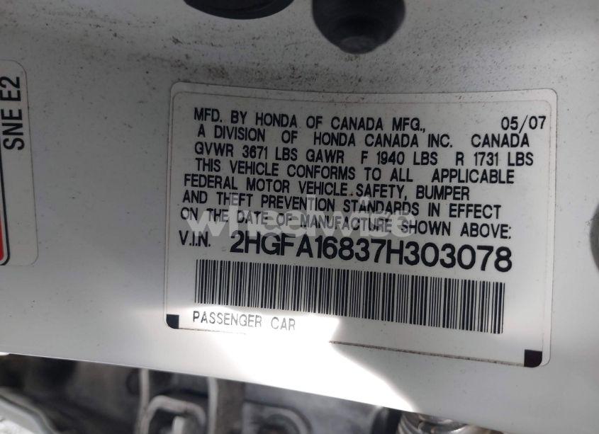 Photo 9 of 2007 Honda Civic EX (VIN 2HGFA16837H303078)