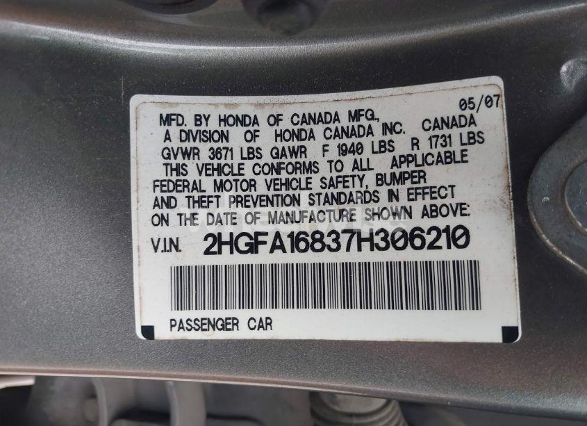 Photo 9 of 2007 Honda Civic EX (VIN 2HGFA16837H306210)