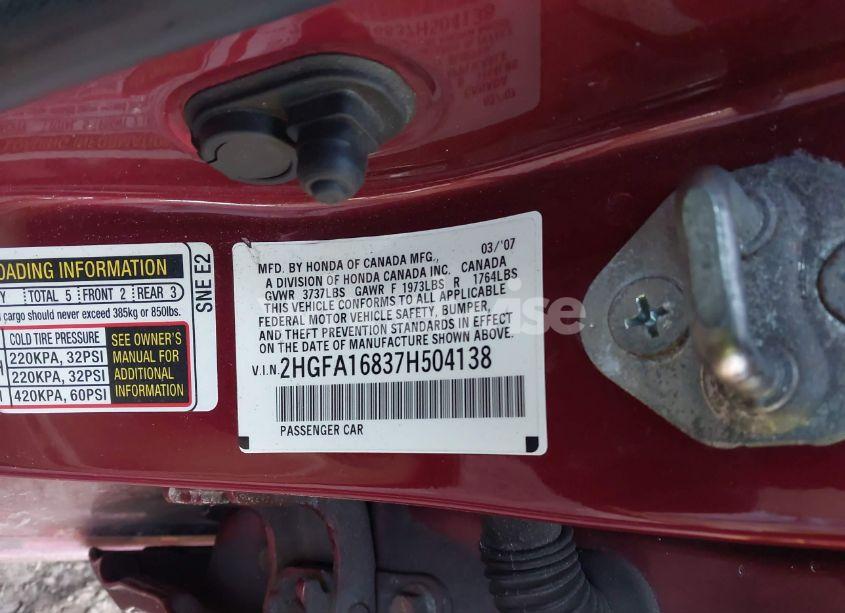 Photo 9 of 2007 Honda Civic EX (VIN 2HGFA16837H504138)