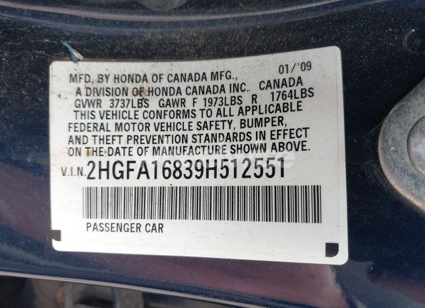 Photo 9 of 2009 Honda Civic EX (VIN 2HGFA16839H512551)