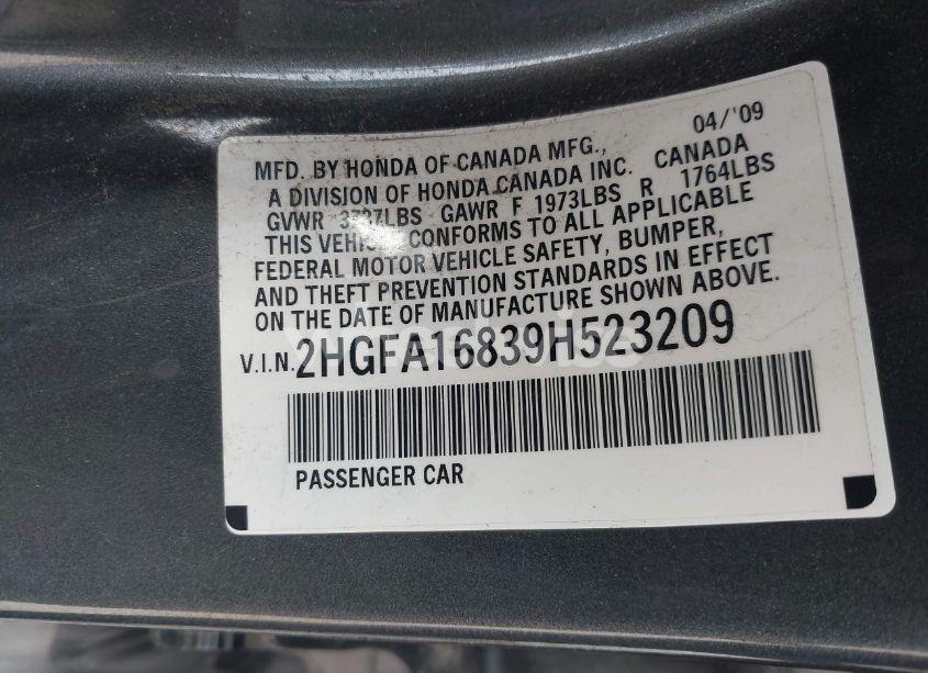 Photo 9 of 2009 Honda Civic EX (VIN 2HGFA16839H523209)