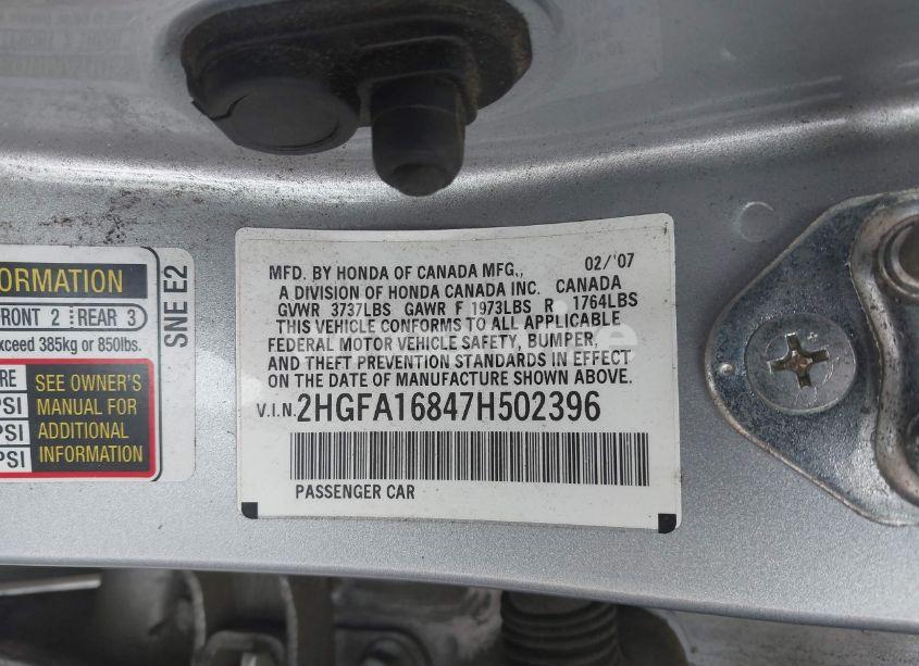 Photo 9 of 2007 Honda Civic EX (VIN 2HGFA16847H502396)