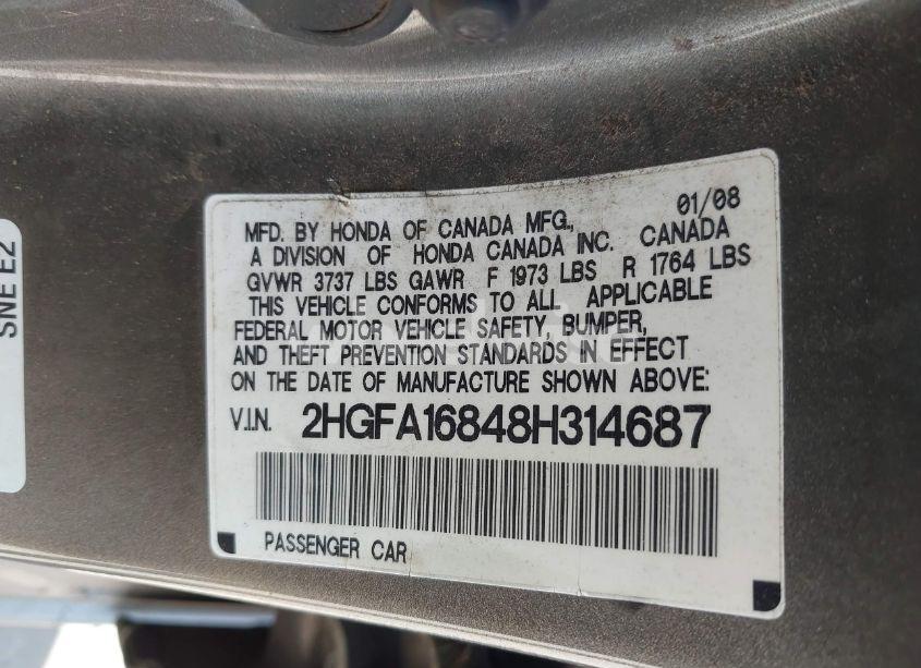 Photo 9 of 2008 Honda Civic EX (VIN 2HGFA16848H314687)