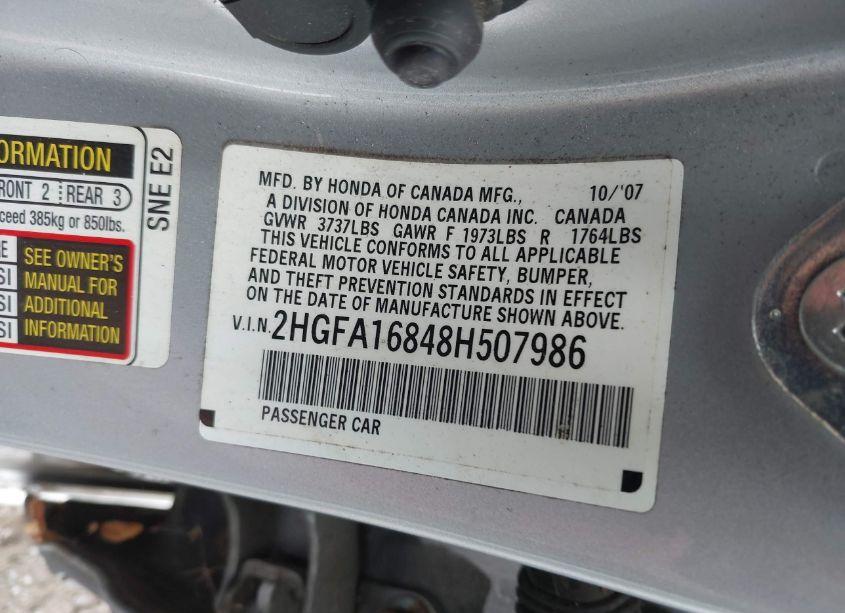 Photo 9 of 2008 Honda Civic EX (VIN 2HGFA16848H507986)