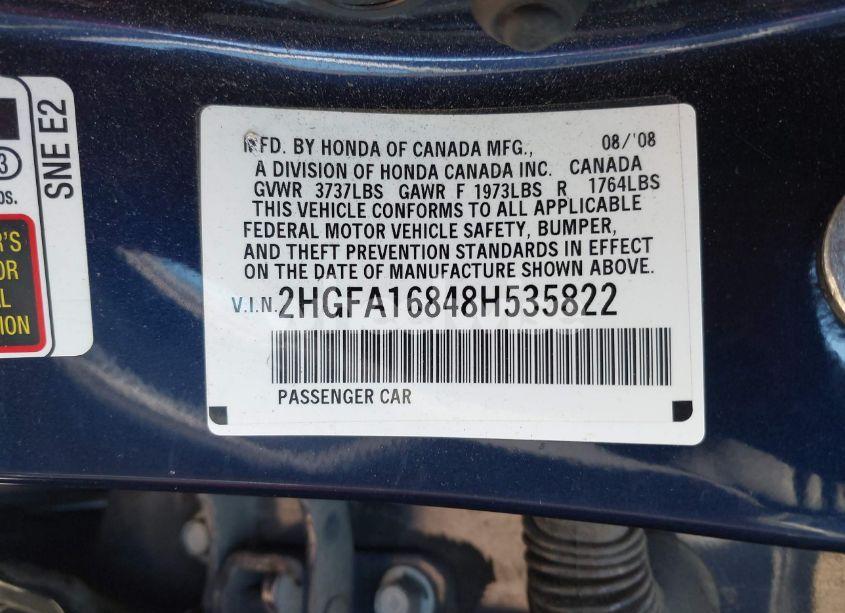 Photo 9 of 2008 Honda Civic EX (VIN 2HGFA16848H535822)