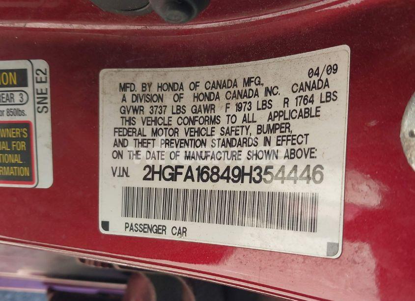 Photo 9 of 2009 Honda Civic EX (VIN 2HGFA16849H354446)