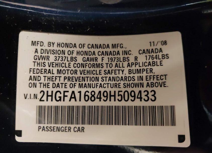 Photo 9 of 2009 Honda Civic EX (VIN 2HGFA16849H509433)