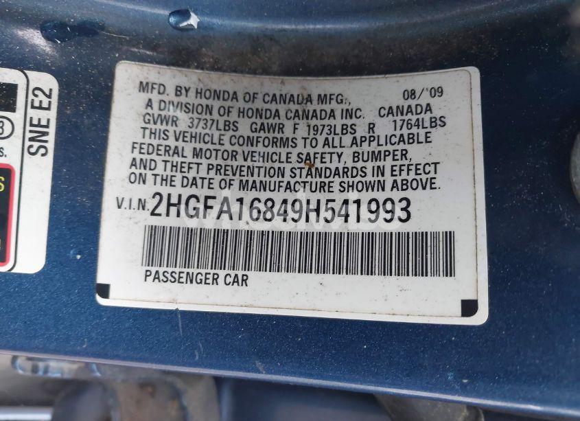 Photo 9 of 2009 Honda Civic EX (VIN 2HGFA16849H541993)