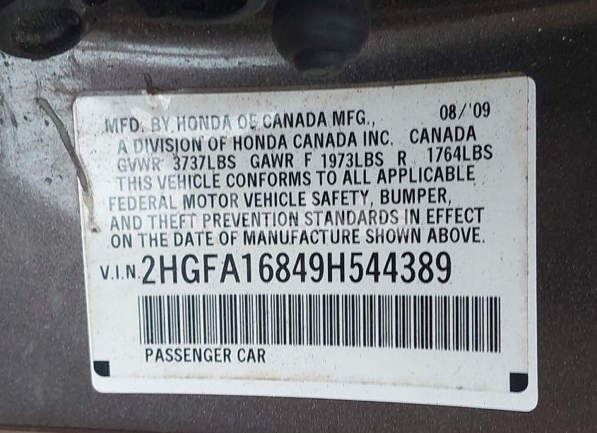 Photo 9 of 2009 Honda Civic EX (VIN 2HGFA16849H544389)