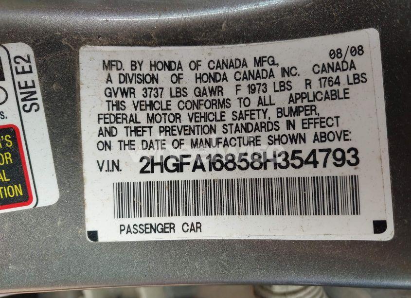 Photo 9 of 2008 Honda Civic EX (VIN 2HGFA16858H354793)