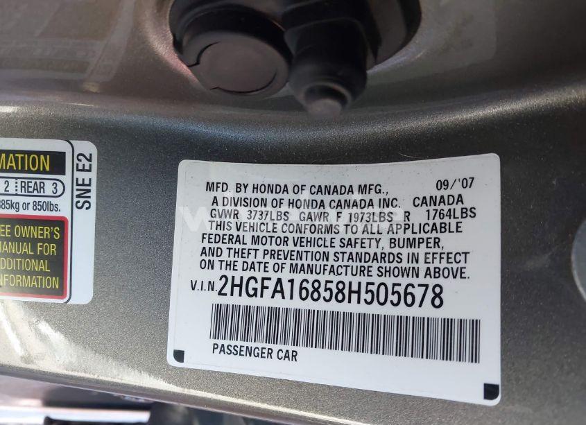 Photo 9 of 2008 Honda Civic EX (VIN 2HGFA16858H505678)