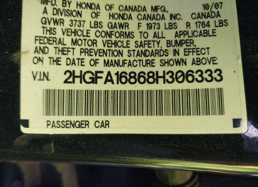 Photo 9 of 2008 Honda Civic EX (VIN 2HGFA16868H306333)