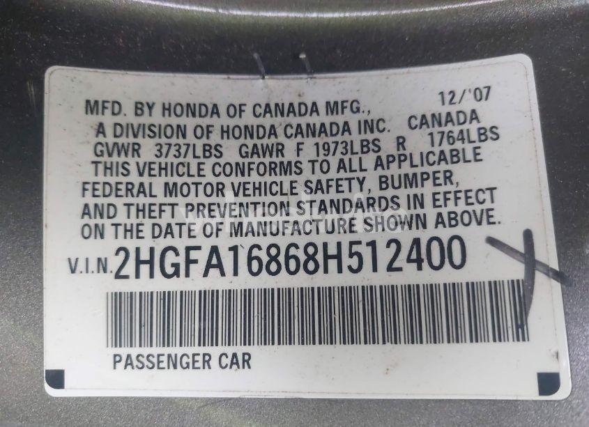 Photo 9 of 2008 Honda Civic EX (VIN 2HGFA16868H512400)