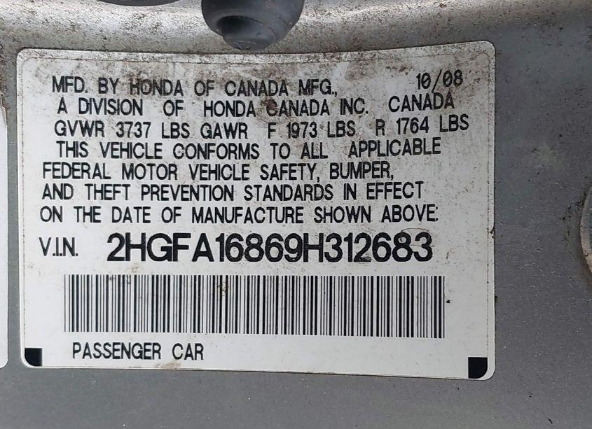 Photo 9 of 2009 Honda Civic EX (VIN 2HGFA16869H312683)