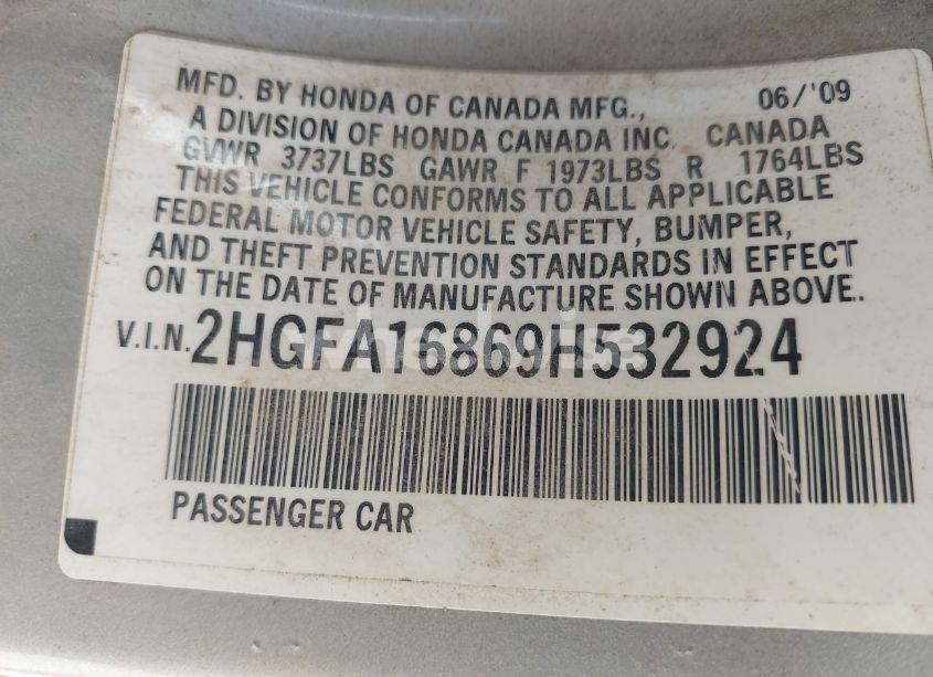 Photo 9 of 2009 Honda Civic EX (VIN 2HGFA16869H532924)