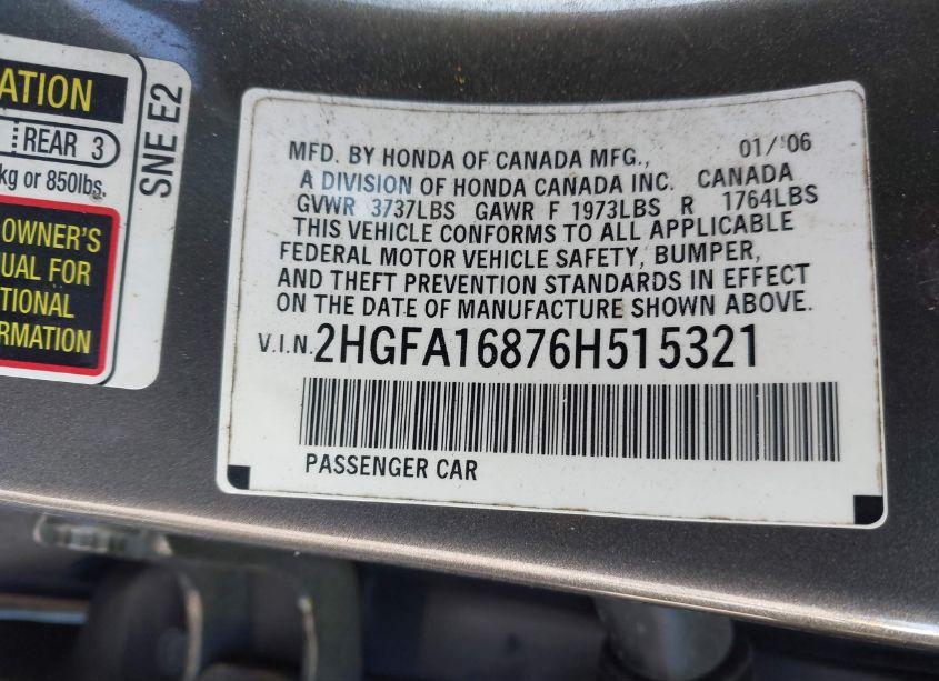 Photo 9 of 2006 Honda Civic EX (VIN 2HGFA16876H515321)