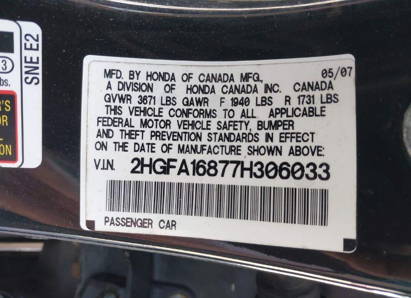 Photo 9 of 2007 Honda Civic EX (VIN 2HGFA16877H306033)