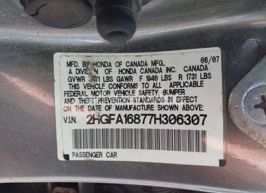 Photo 9 of 2007 Honda Civic EX (VIN 2HGFA16877H306307)