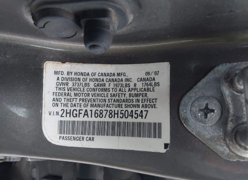 Photo 9 of 2008 Honda Civic EX (VIN 2HGFA16878H504547)