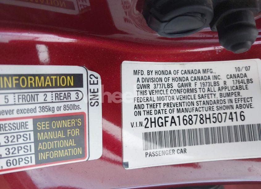 Photo 9 of 2008 Honda Civic EX (VIN 2HGFA16878H507416)
