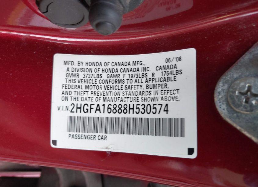 Photo 9 of 2008 Honda Civic EX (VIN 2HGFA16888H530574)