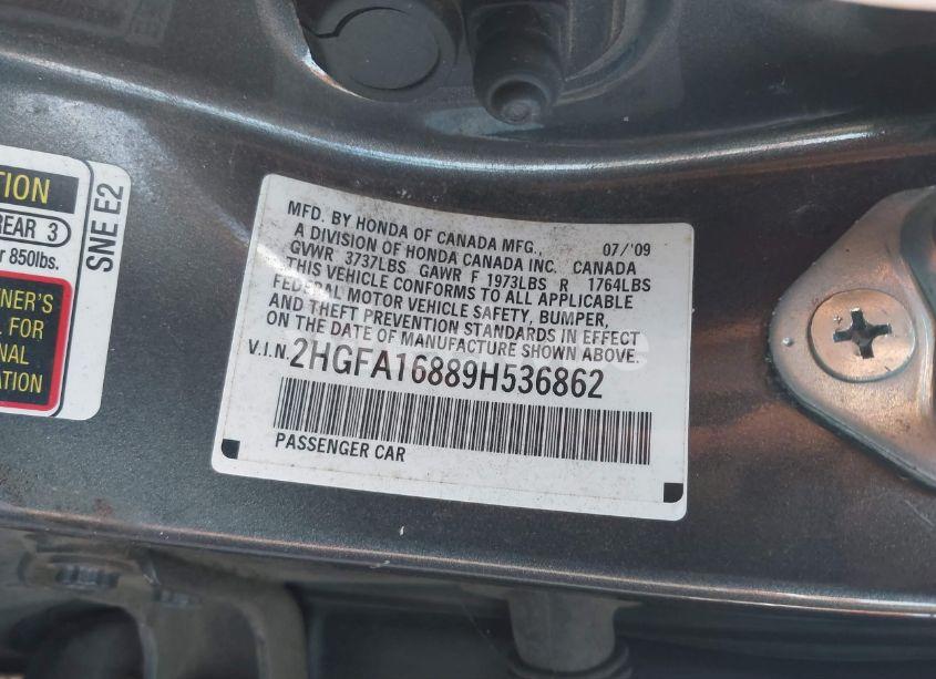 Photo 9 of 2009 Honda Civic EX (VIN 2HGFA16889H536862)