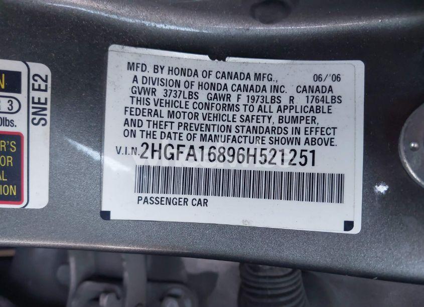 Photo 9 of 2006 Honda Civic EX (VIN 2HGFA16896H521251)