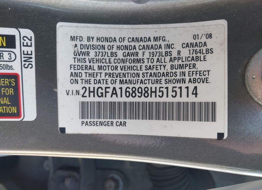 Photo 9 of 2008 Honda Civic EX (VIN 2HGFA16898H515114)