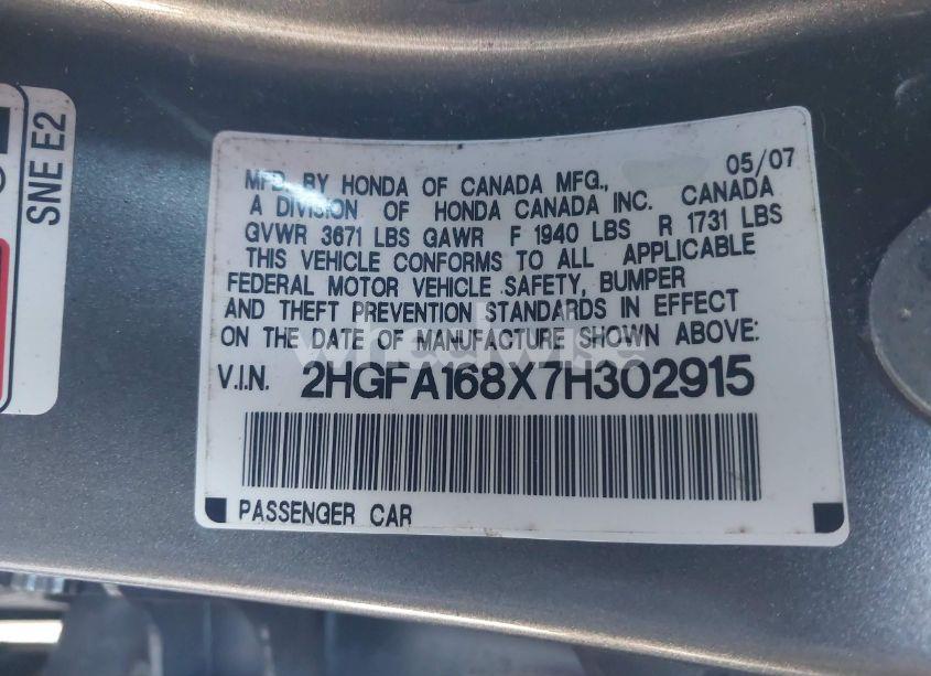 Photo 9 of 2007 Honda Civic EX (VIN 2HGFA168X7H302915)