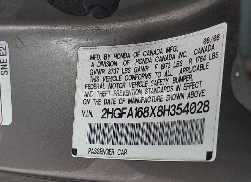 Photo 9 of 2008 Honda Civic EX (VIN 2HGFA168X8H354028)