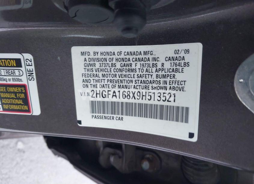 Photo 9 of 2009 Honda Civic EX (VIN 2HGFA168X9H513521)