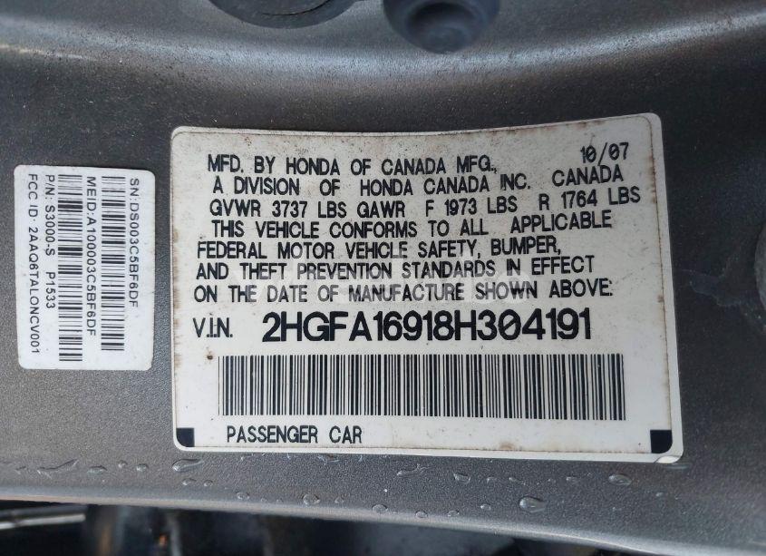 Photo 9 of 2008 Honda Civic EX-L (VIN 2HGFA16918H304191)