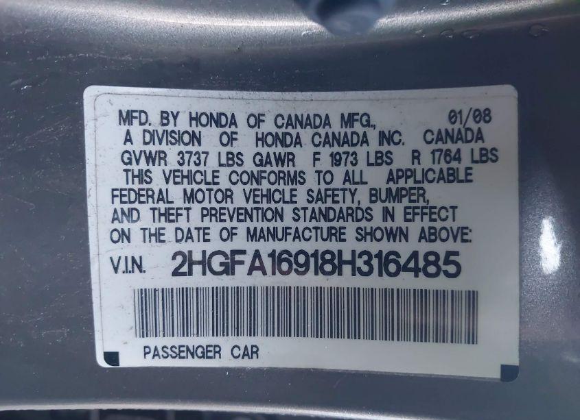 Photo 9 of 2008 Honda Civic EX-L (VIN 2HGFA16918H316485)