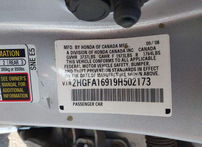 Photo 9 of 2009 Honda Civic EX-L (VIN 2HGFA16919H502173)