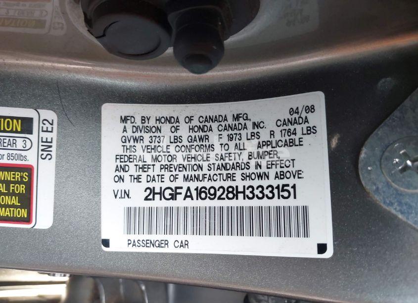Photo 9 of 2008 Honda Civic EX-L (VIN 2HGFA16928H333151)