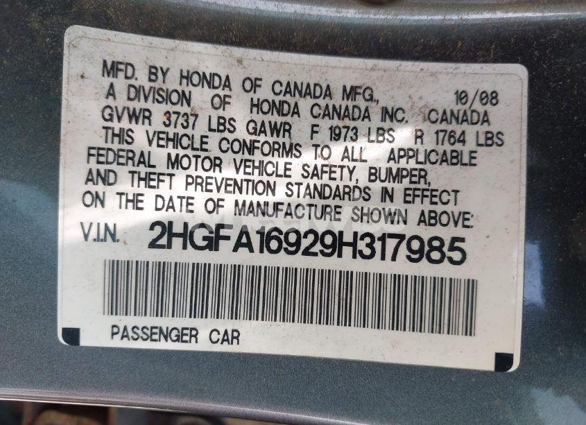 Photo 9 of 2009 Honda Civic EX-L (VIN 2HGFA16929H317985)