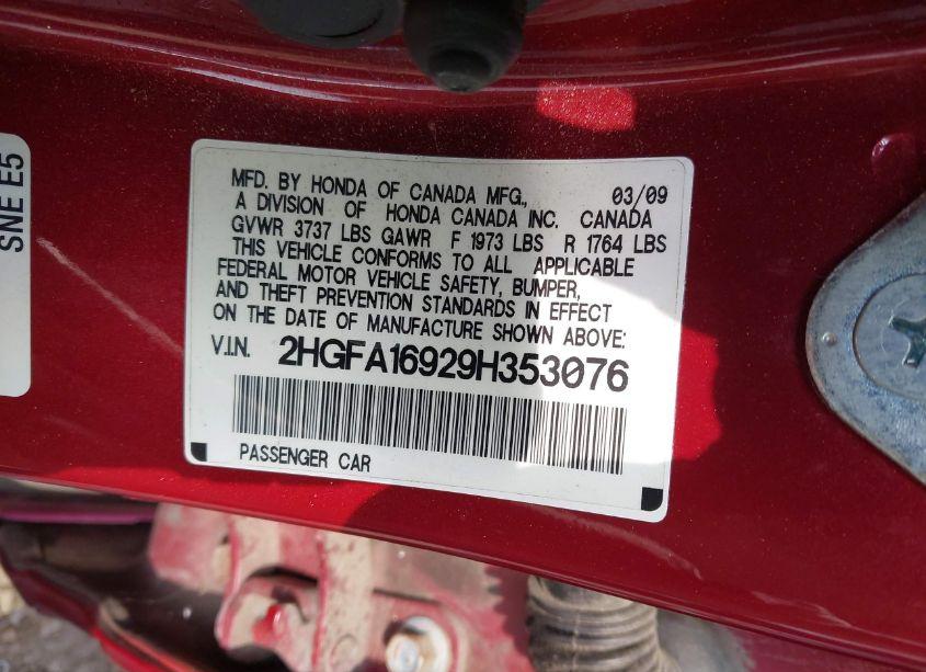 Photo 9 of 2009 Honda Civic EX-L (VIN 2HGFA16929H353076)