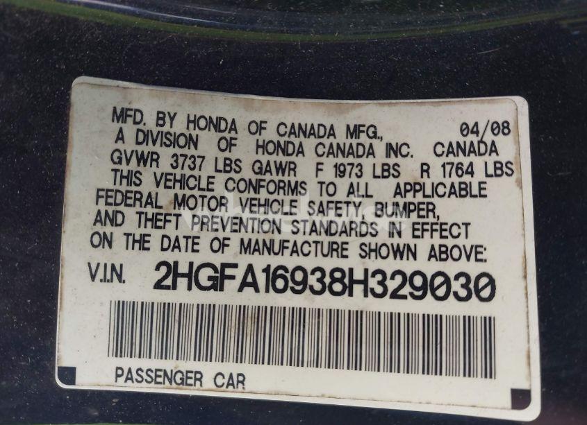 Photo 9 of 2008 Honda Civic EX-L (VIN 2HGFA16938H329030)