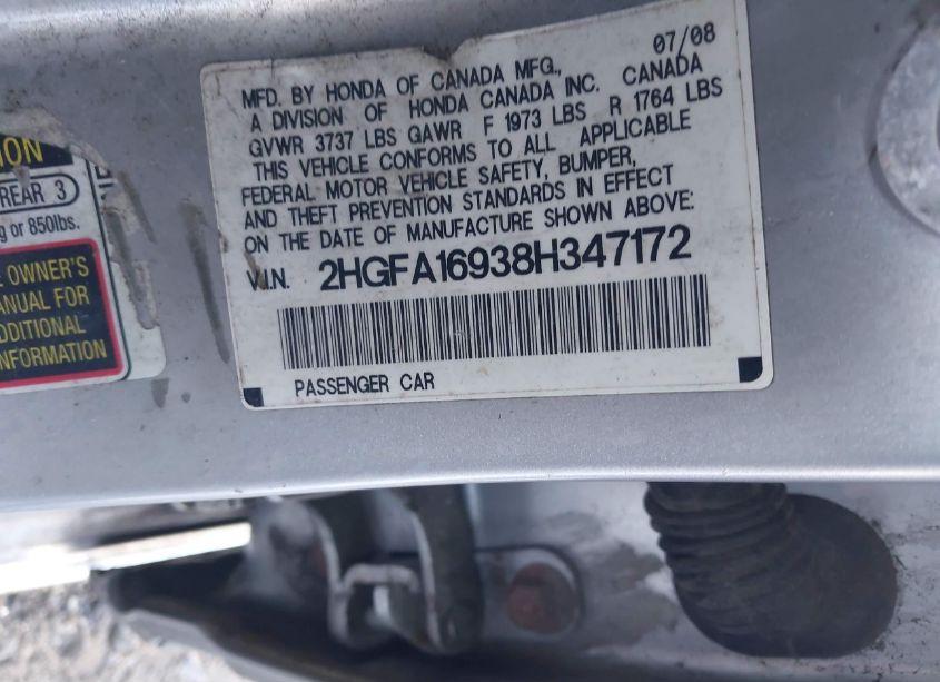 Photo 9 of 2008 Honda Civic EX-L (VIN 2HGFA16938H347172)