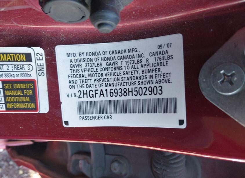 Photo 9 of 2008 Honda Civic EX-L (VIN 2HGFA16938H502903)