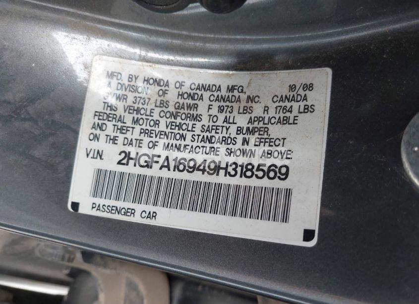 Photo 9 of 2009 Honda Civic EX-L (VIN 2HGFA16949H318569)