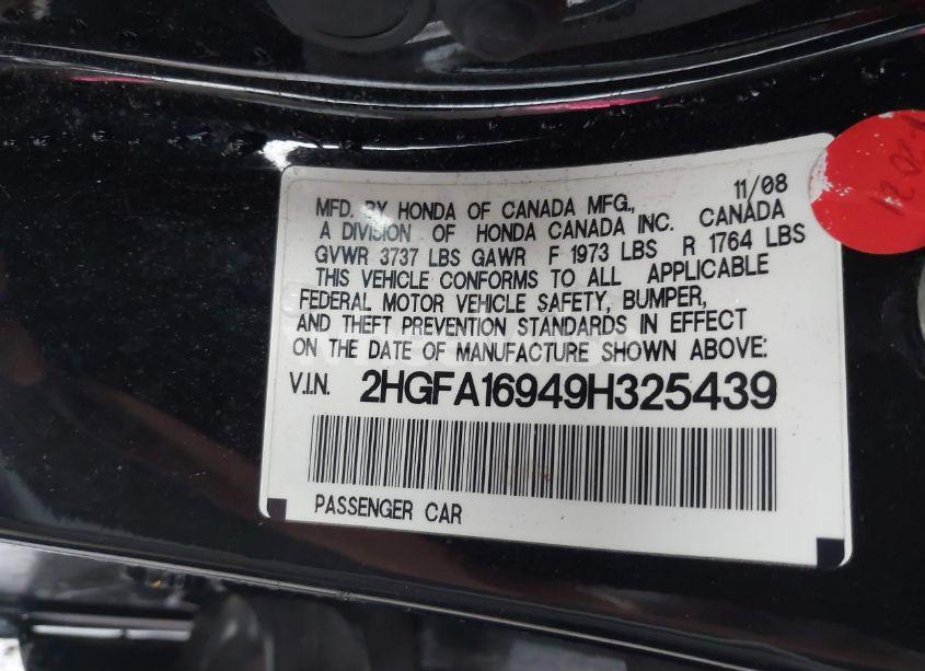 Photo 9 of 2009 Honda Civic EX-L (VIN 2HGFA16949H325439)