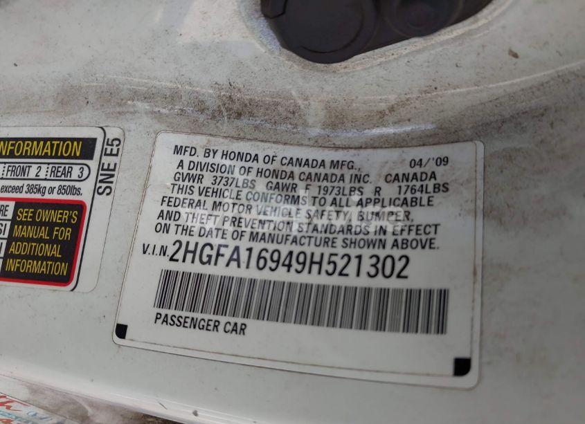 Photo 9 of 2009 Honda Civic EX-L (VIN 2HGFA16949H521302)